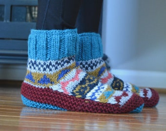 Turquoise Namche Room Shoes, Hand-knitted. Fully Fleece-Lined Woolen Socks, Soft and Cozy. Gift of Love and warmth