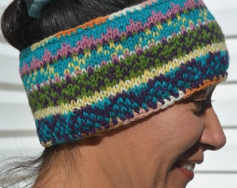 Blaues Namche Stirnband/Ohrenwärmer, handgestricktes Stirnband, Wollohrwärmer, weiche, mit Fleece gefütterte Ohrenschützer. Halswärmer.