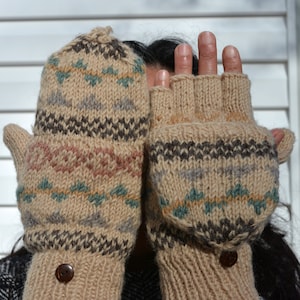 Luva conversível Namche bege tricotada à mão, luvas de inverno com forro de lã, confortáveis e quentes.