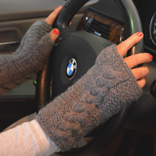 Fingerless Cable Knit Hand Knit Gloves, winter gloves with Fleece Lining, Comfy and Warm. Fleece lined Gauntlets.