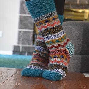 Turquoise Namche Room Socks. Hand-knited. Fully Fleece-Lined Woolen Socks. Cozy and soft. Gift of Love and warmth, image 2