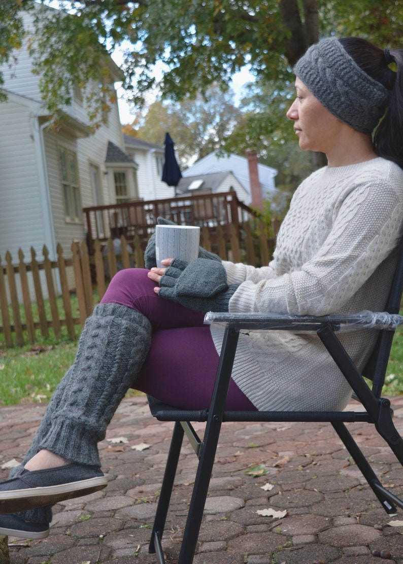 Charcoal Cable Knit Leg warmers, Hand Knitted with Fleece Lining, Comfy and Warm, Perfect for cold winter days image 3