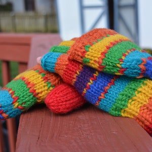Rainbow Hand Knit Convertible Mitten, Fully Fleece Lined mittens. Mitten with fleece lined thumbs. Fleece lined.Comfy and Warm. image 3