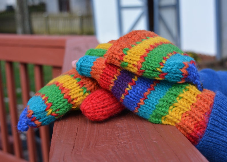 Rainbow Hand Knit Convertible Mitten, Fully Fleece Lined mittens. Mitten with fleece lined thumbs. Fleece lined.Comfy and Warm. image 3