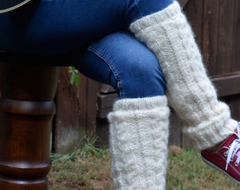 Ivory Cable Knit Leg warmers, Hand Knitted with Fleece Lining, Comfy and Warm, Perfect for cold winter days