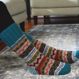 Turquoise Namche Room Socks. Hand-knited. Fully Fleece-Lined Woolen Socks. Cozy and soft. Gift of Love and warmth, image 1