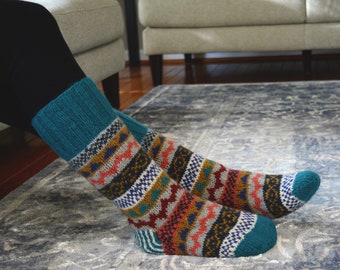 Turquoise Namche Room Socks. Hand-knited. Fully Fleece-Lined Woolen Socks. Cozy and soft. Gift of Love and warmth,