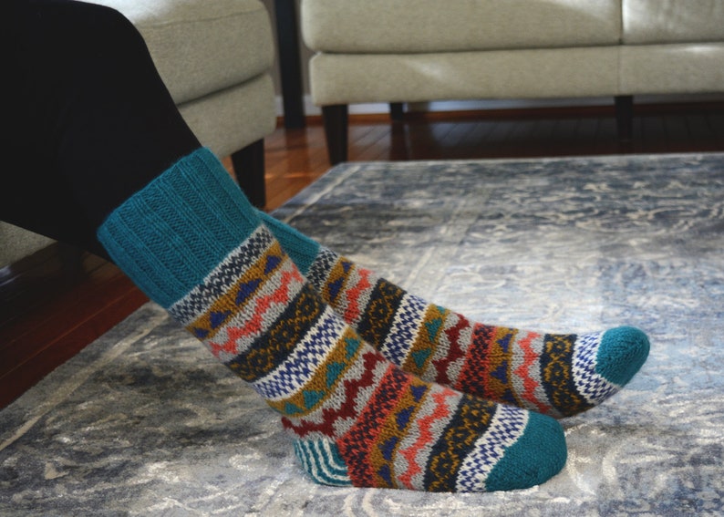 Turquoise Namche Room Socks. Hand-knited. Fully Fleece-Lined Woolen Socks. Cozy and soft. Gift of Love and warmth, image 1