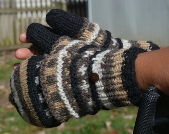 Men Convertible Mitten, Hand Knit winter gloves with Fleece Lining, Comfy and Warm