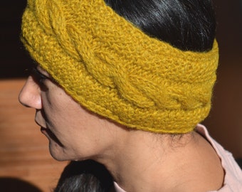 Mustard Cable Knit Headband/Ear Warmers, Hand Knit Headband, Woolen Ear Warmers, Soft, Fleece Lined Ear Muffs. Neck Warmers