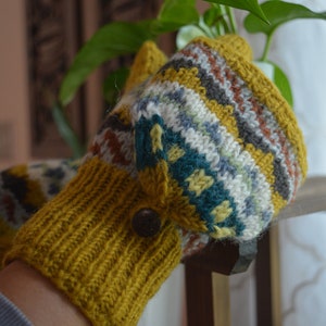 Mustard Namche Hand Knit Convertible Mitten, winter gloves with Fleece Lining, Comfy and Warm.