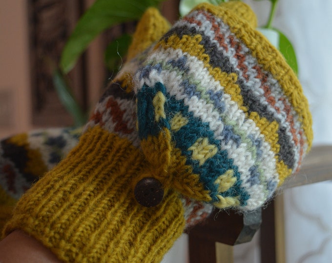Mustard Namche Hand Knit Convertible Mitten, winter gloves with Fleece Lining, Comfy and Warm.