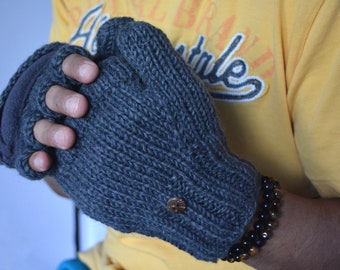 Men Convertible Mitten, Hand Knit winter gloves with Full Fleece Lining, Fleece lined thumbs. Comfy and Warm.