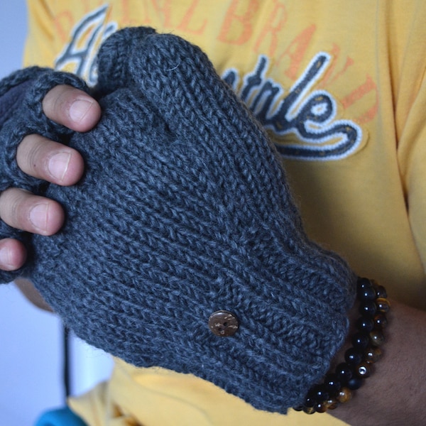 Men Convertible Mitten, Hand Knit winter gloves with Full Fleece Lining, Fleece lined thumbs. Comfy and Warm.