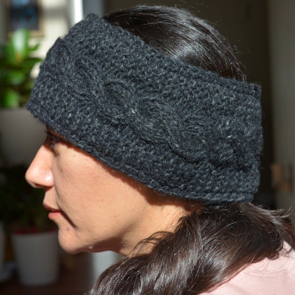 Black Cable Knit Headband/Ear Warmers, Hand Knit Headband, Woolen Ear Warmers, Soft, Fleece Lined Ear Muffs. Neck Warmers