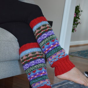 Namche Leg warmers , Hand-Knitted with Fleece Lining, Comfy and Warm. Perfect for cold winter days Crimson
