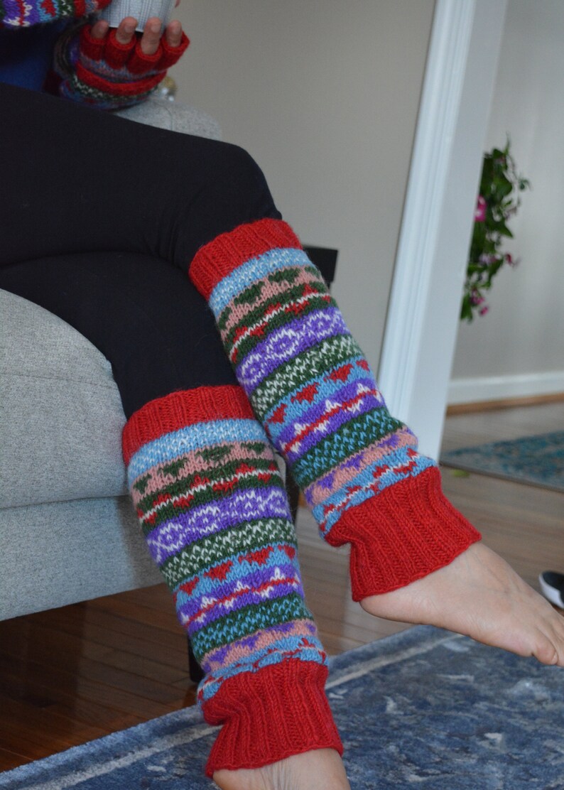 Namche Leg warmers , Hand-Knitted with Fleece Lining, Comfy and Warm. Perfect for cold winter days Crimson