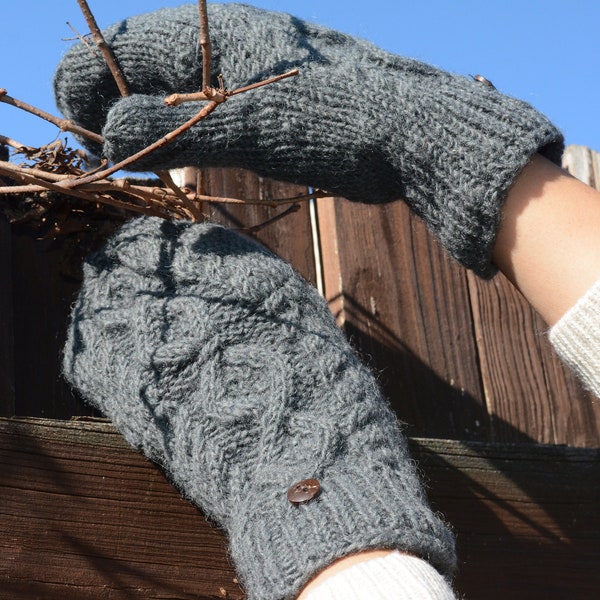 Charcoal Thame Cable Knit Convertible Mitten, Hand Knit winter gloves with Fleece Lining, Comfy and Warm.