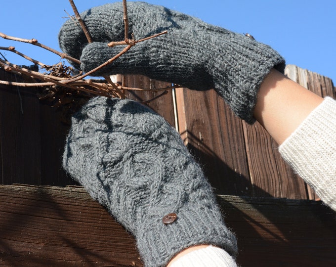 Charcoal Thame Cable Knit Convertible Mitten, Hand Knit winter gloves with Fleece Lining, Comfy and Warm.