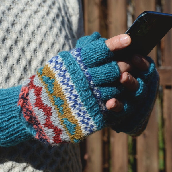 Turquoise Namche Hand Knit Convertible Mitten, winter gloves with Fleece Lining, Comfy and Warm. 
