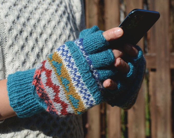 Turquoise Namche Hand Knit Convertible Mitten, winter gloves with Fleece Lining, Comfy and Warm.