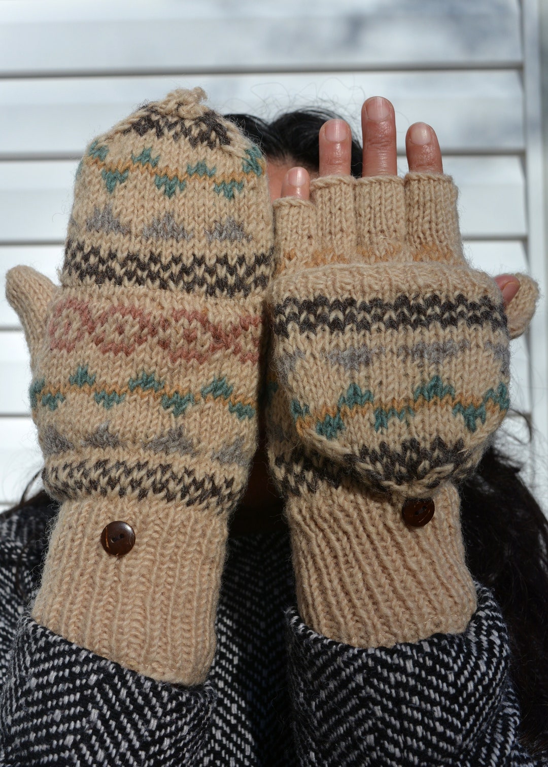 Beige Namche Hand Knit Convertible Mitten, Winter Gloves With Fleece ...