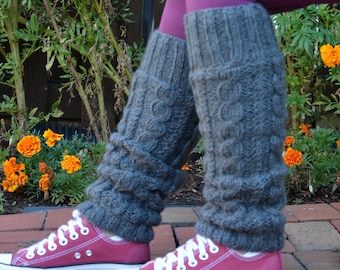 Charcoal Cable Knit Leg warmers, Hand Knitted with Fleece Lining, Comfy and Warm, Perfect for cold winter days