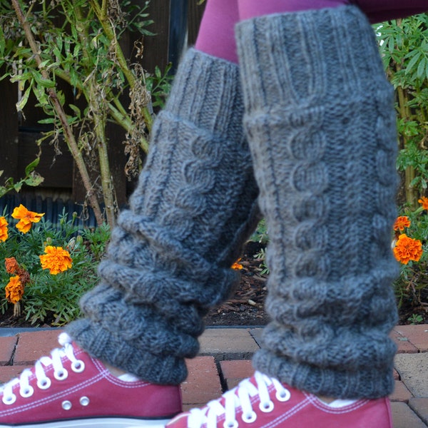 Charcoal Cable Knit Leg warmers, Hand Knitted with Fleece Lining, Comfy and Warm, Perfect for cold winter days