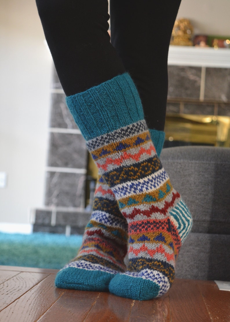 Turquoise Namche Room Socks. Hand-knited. Fully Fleece-Lined Woolen Socks. Cozy and soft. Gift of Love and warmth, image 2