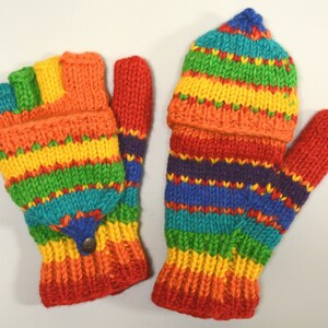 Rainbow Hand Knit Convertible Mitten, Fully Fleece Lined mittens. Mitten with fleece lined thumbs. Fleece lined.Comfy and Warm. image 5