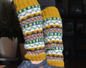 Mustard Namche Hand-Knitted Leg Warmers with Fleece Lining, Comfy and Warm. Perfect for cold winter days,