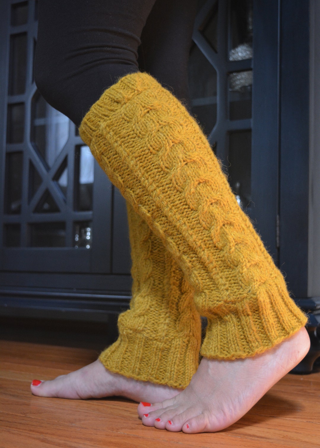 Mustard Cable Knit Leg Warmers, Handknit With Fleece Lining, Comfy and