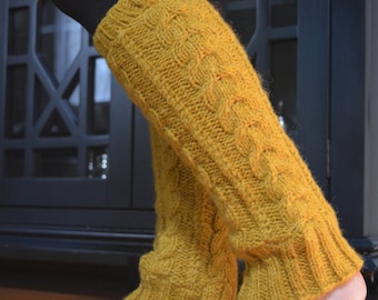 Mustard Cable Knit Leg warmers, Hand-Knit with Fleece Lining, Comfy and Warm. Perfect for cold winter days