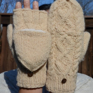 Cable Knit Convertible Mitten, Hand Knit winter gloves with Fleece Lining, Comfy and Warm. Beige