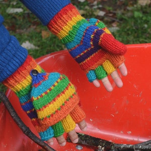 Rainbow Hand Knit Convertible Mitten, Fully Fleece Lined mittens. Mitten with fleece lined thumbs. Fleece lined.Comfy and Warm. image 2