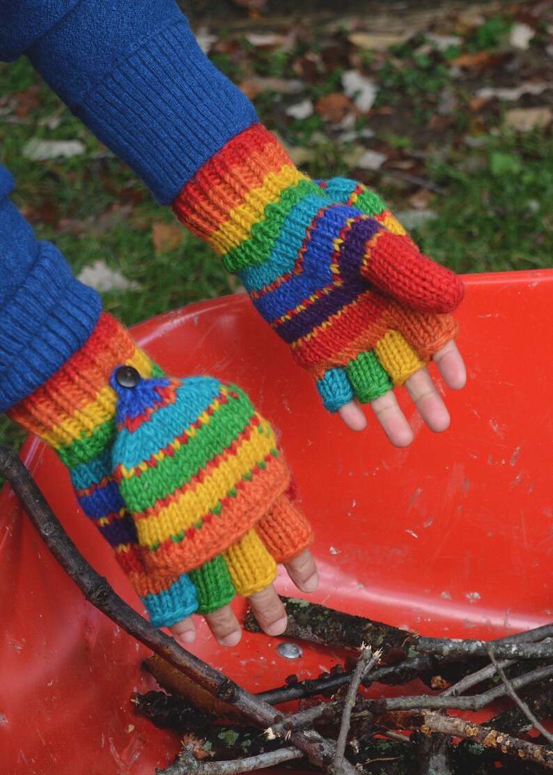 Rainbow Hand Knit Convertible Mitten, Fully Fleece Lined mittens. Mitten with fleece lined thumbs. Fleece lined.Comfy and Warm. image 2