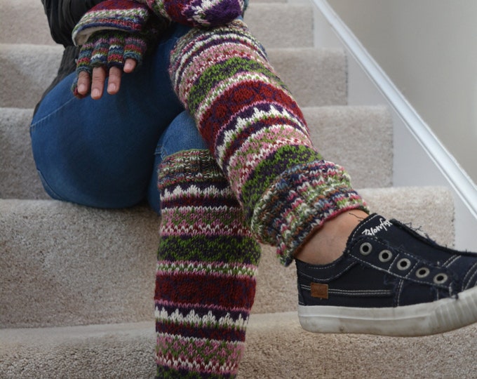 Red Namche Handknitted Leg Warmers With Fleece Lining, Comfy and Warm