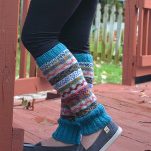 Namche Leg warmers , Hand-Knitted with Fleece Lining, Comfy and Warm. Perfect for cold winter days Turquoise