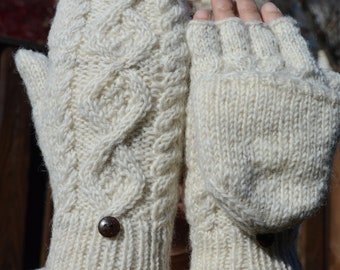 Cable Knit Convertible Mitten, Hand Knit winter gloves with Fleece Lining, Comfy and Warm.