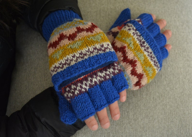 Namche Hand Knit Convertible Mitten, winter gloves with Fleece Lining, Comfy and Warm. Royal