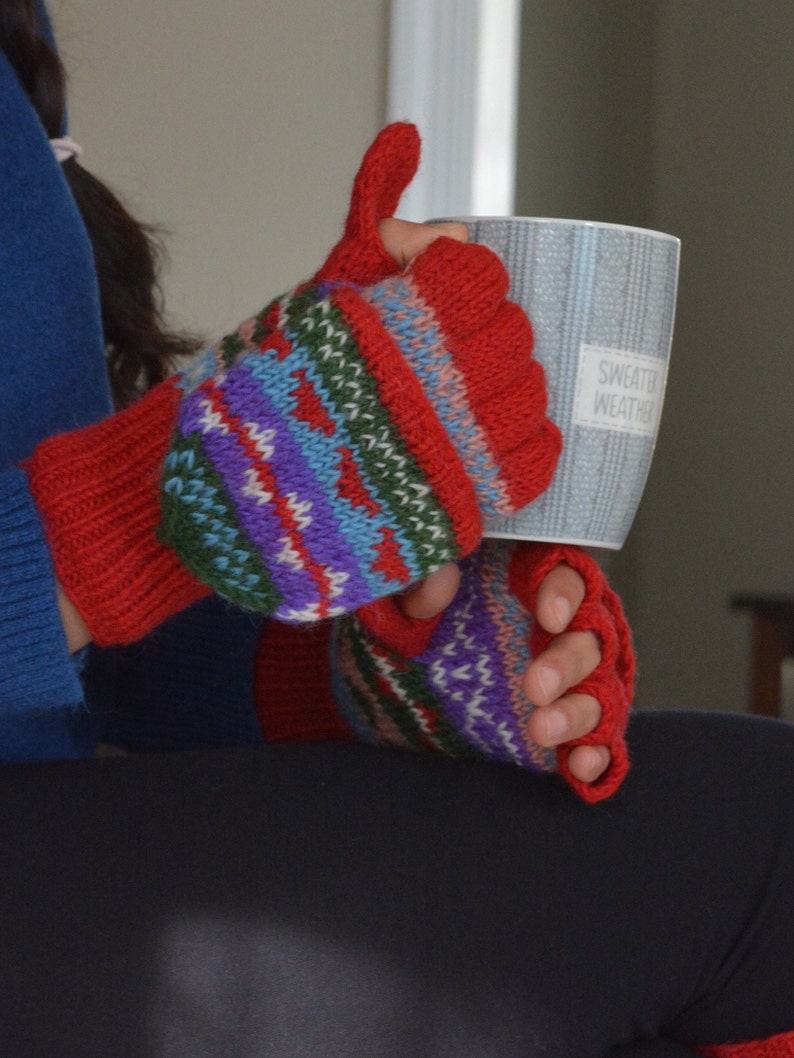 Namche Hand Knit Convertible Mitten, winter gloves with Fleece Lining, Comfy and Warm. Crimson