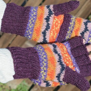 Namche Hand Knit Convertible Mitten, winter gloves with Fleece Lining, Comfy and Warm. Purple