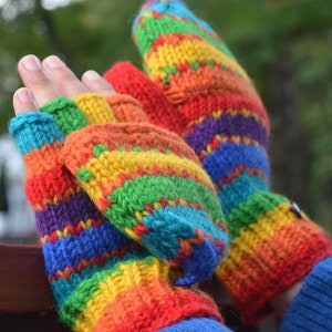 Rainbow Hand Knit Convertible Mitten, Fully Fleece Lined mittens. Mitten with fleece lined thumbs. Fleece lined.Comfy and Warm. image 4