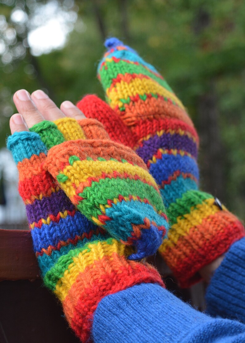 Rainbow Hand Knit Convertible Mitten, Fully Fleece Lined mittens. Mitten with fleece lined thumbs. Fleece lined.Comfy and Warm. image 4