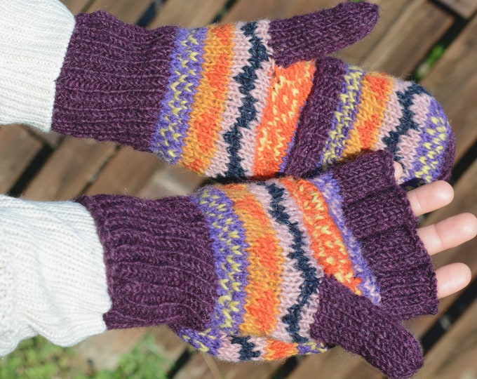 Purple Namche Hand Knit Convertible Mitten, winter gloves with Fleece Lining, Comfy and Warm.