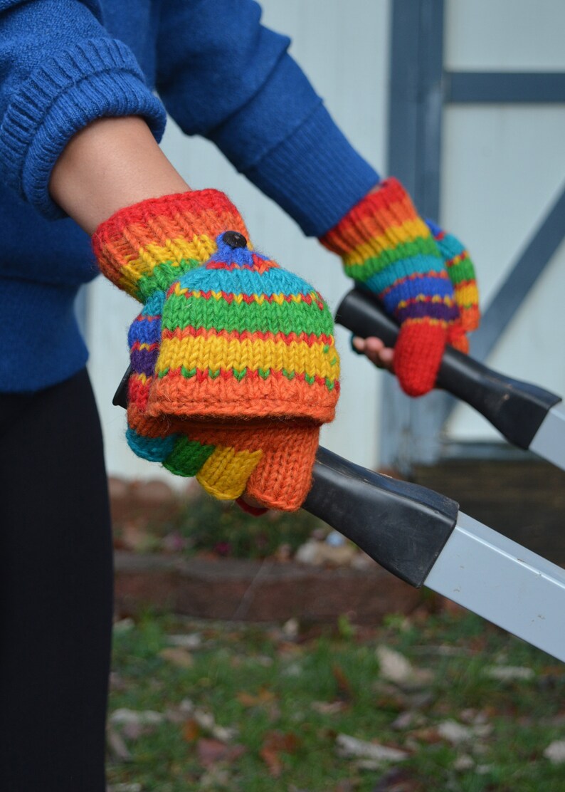 Rainbow Hand Knit Convertible Mitten, Fully Fleece Lined mittens. Mitten with fleece lined thumbs. Fleece lined.Comfy and Warm. image 1