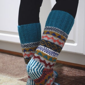 Turquoise Namche Room Socks. Hand-knited. Fully Fleece-Lined Woolen Socks. Cozy and soft. Gift of Love and warmth, image 3