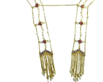 Antique Victorian Ruby Sapphire Pearl Fringe Necklace Gold Negligee Necklace Unheated Ruby Tassel Necklace Edwardian Gold Necklace Jewelry