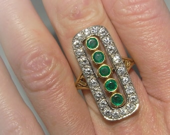 Art Deco 1920s Colombian Emerald Diamond 18K Gold Panel Ring Long Antique Gold Ring Emerald Engagement Ring Antique Emerald Diamond Ring