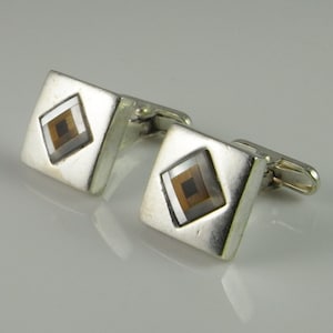 Inlay Black & White Onyx MOP Square Sterling Cuff Links Silver Vintage Unique One of a Kind Cufflinks Jewelry Gifts Accessories Anniversary